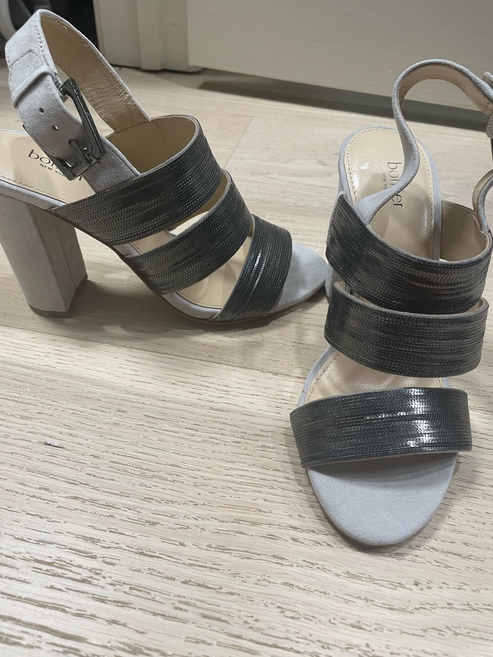 Botkier Block Heel Sandal in Light Gray with Metallic Black Straps